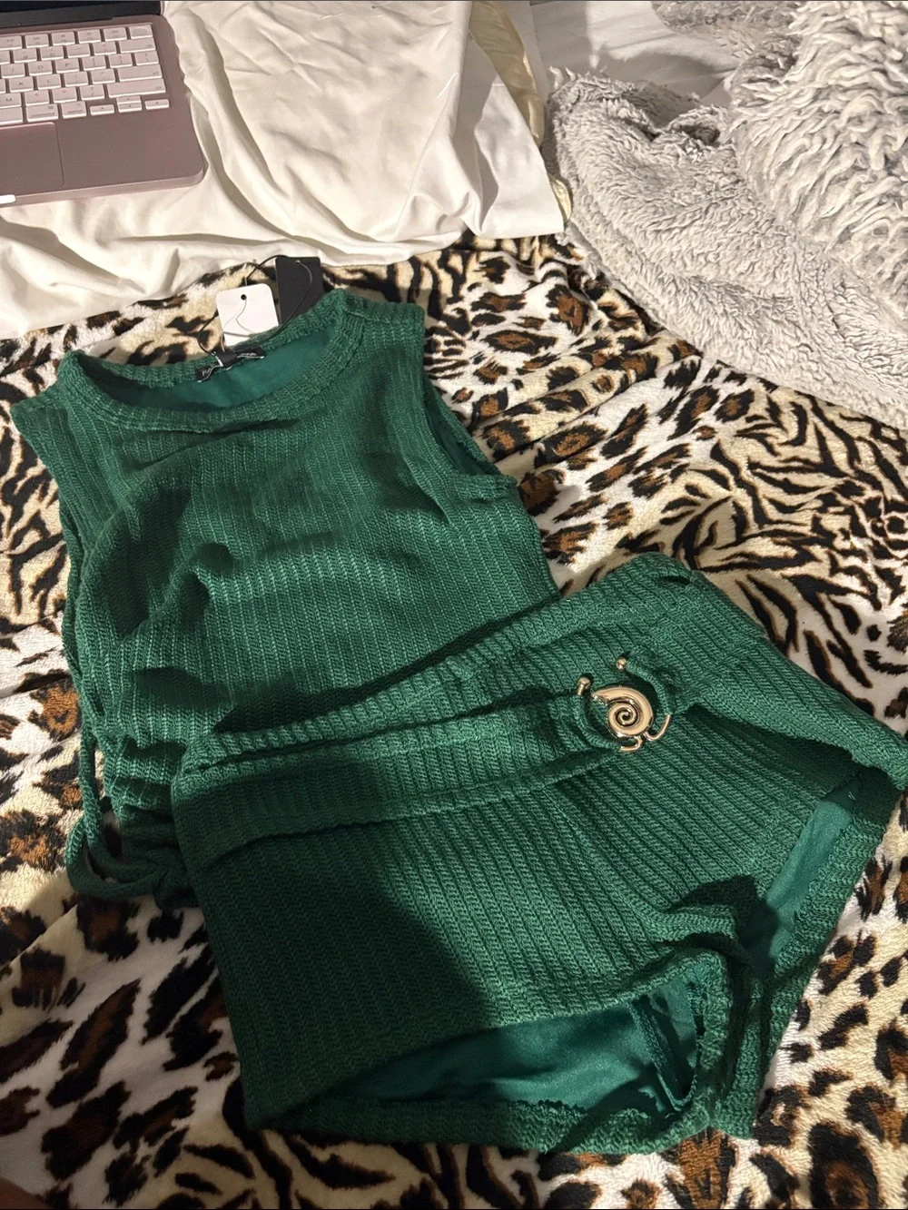 Fashion Nova Emerald Green Ribbed Tank Top and Shorts Set